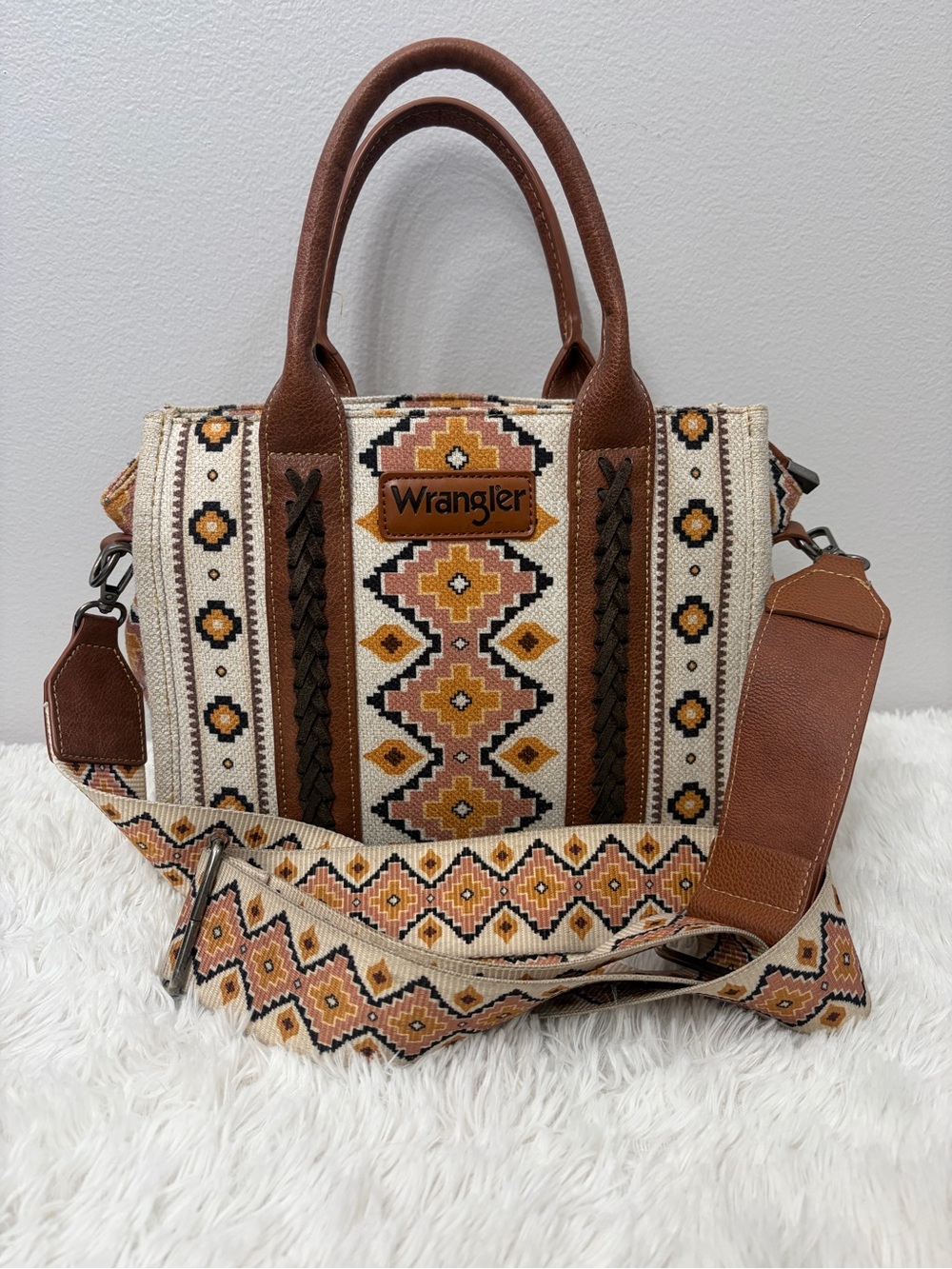 Wrangler Cream, Brown and Yellow Woven Tote with Patterned Strap